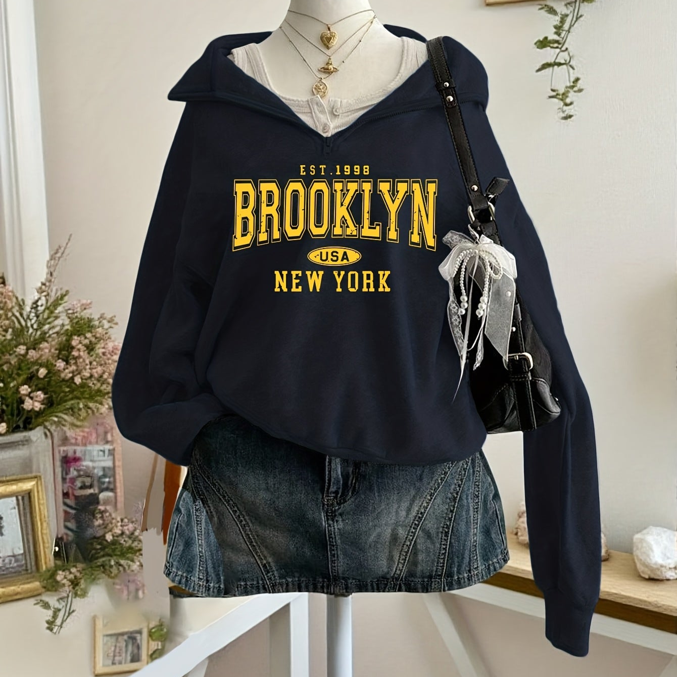 Felpa con cappuccio da donna, stampa Brooklyn, cerniera, collo alto, maniche lunghe, grigio, rosso, blu navy, nero