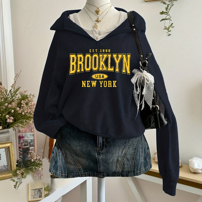 Felpa con cappuccio da donna, stampa Brooklyn, cerniera, collo alto, maniche lunghe, grigio, rosso, blu navy, nero