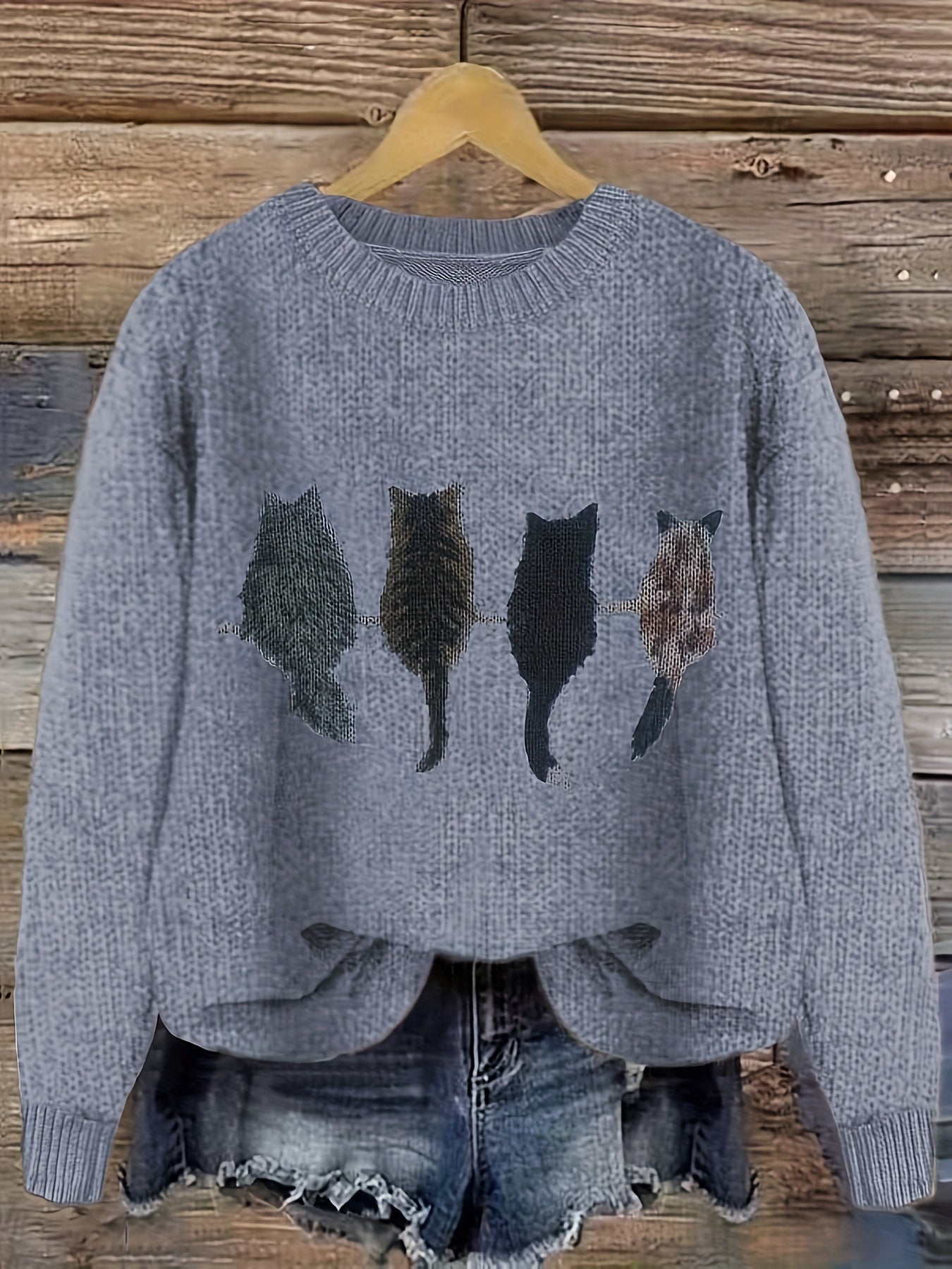 Damen Strickpullover mit Rundhalsausschnitt und Katzen-Print