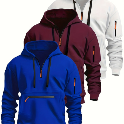 Felpa unisex con cappuccio, mezza zip e tasche con cerniera