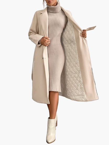 Manteau d'hiver élégant pour femme avec ceinture et poches – Long manteau stylé pour le quotidien et le bureau