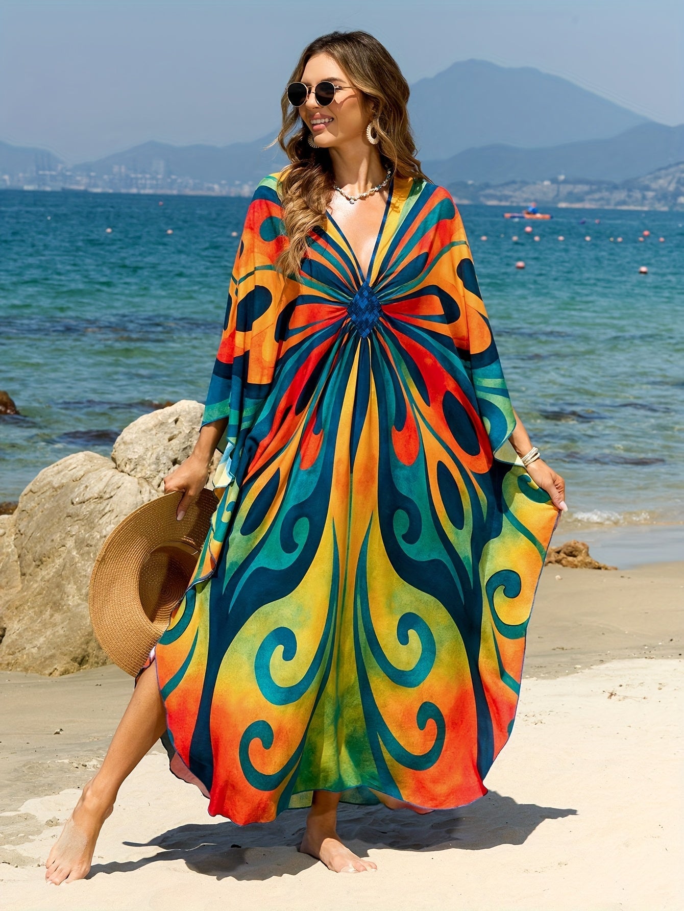 Dame Boho Maxi-kaftan til strand og ferie – Elegant batikprint, sommer cover-up