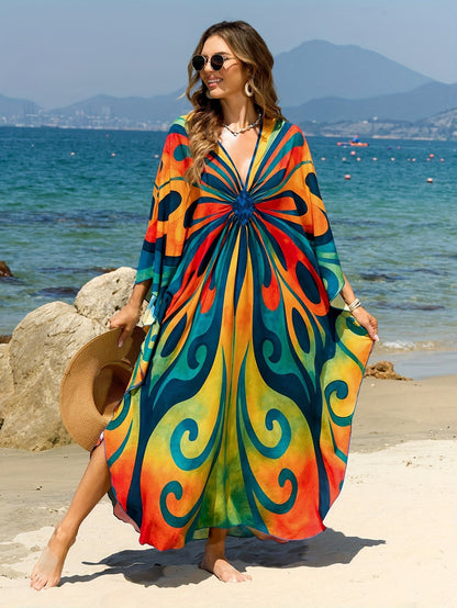 Dame Boho Maxi-kaftan til strand og ferie – Elegant batikprint, sommer cover-up