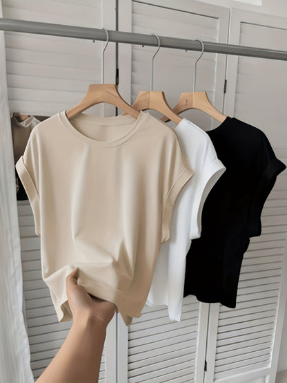 Camiseta básica para mujer con mangas dobladas – Estilo casual para el día a día y el tiempo libre