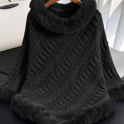 Strickponcho Damen mit Kunstfellbesatz Zopfmuster Kapuze