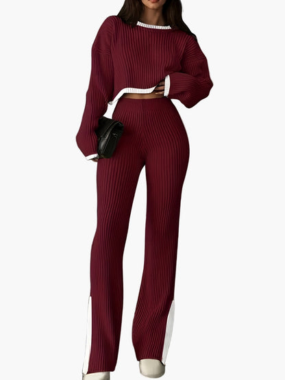 Dames elegante gebreide tweedelige set met wijde pijpen – Modieuze outfit voor herfst en winter