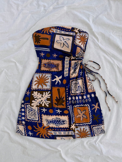 Damen Sommer Bandeau Mini Kleid mit Strandmotiv – Perfekt für Urlaub und Freizeit