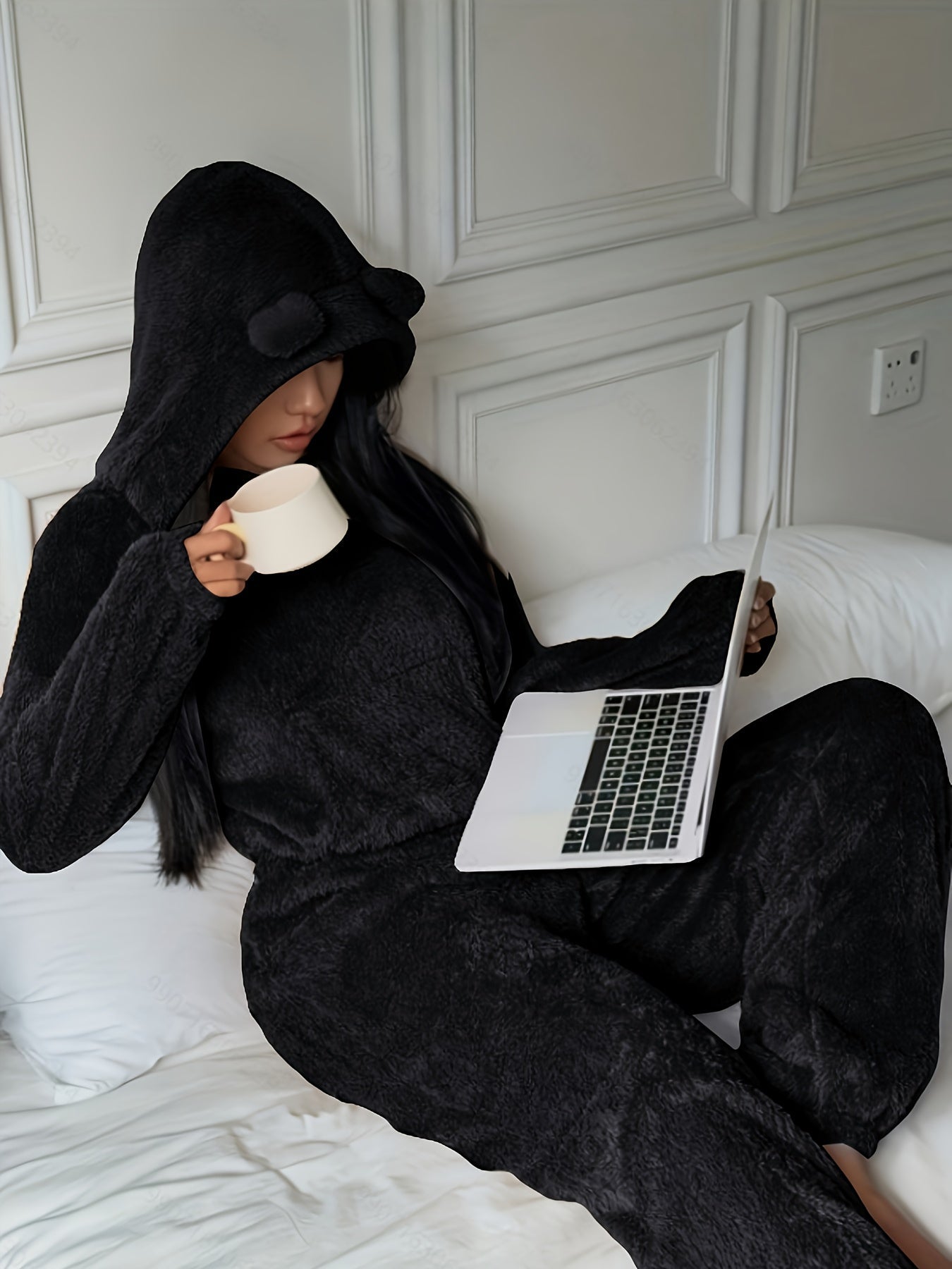 Damen Kuscheliger Fleece Pyjama Hausanzug mit Kapuze und Ohren