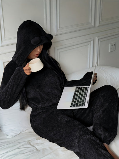 Damen Kuscheliger Fleece Pyjama Hausanzug mit Kapuze und Ohren