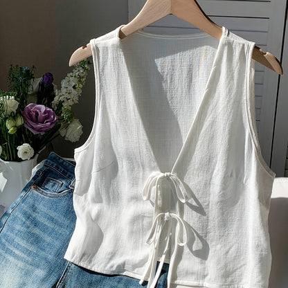 Gilet sans manches pour femme avec détail nœud et encolure en V – couche d'été à la mode pour les loisirs et les vacances