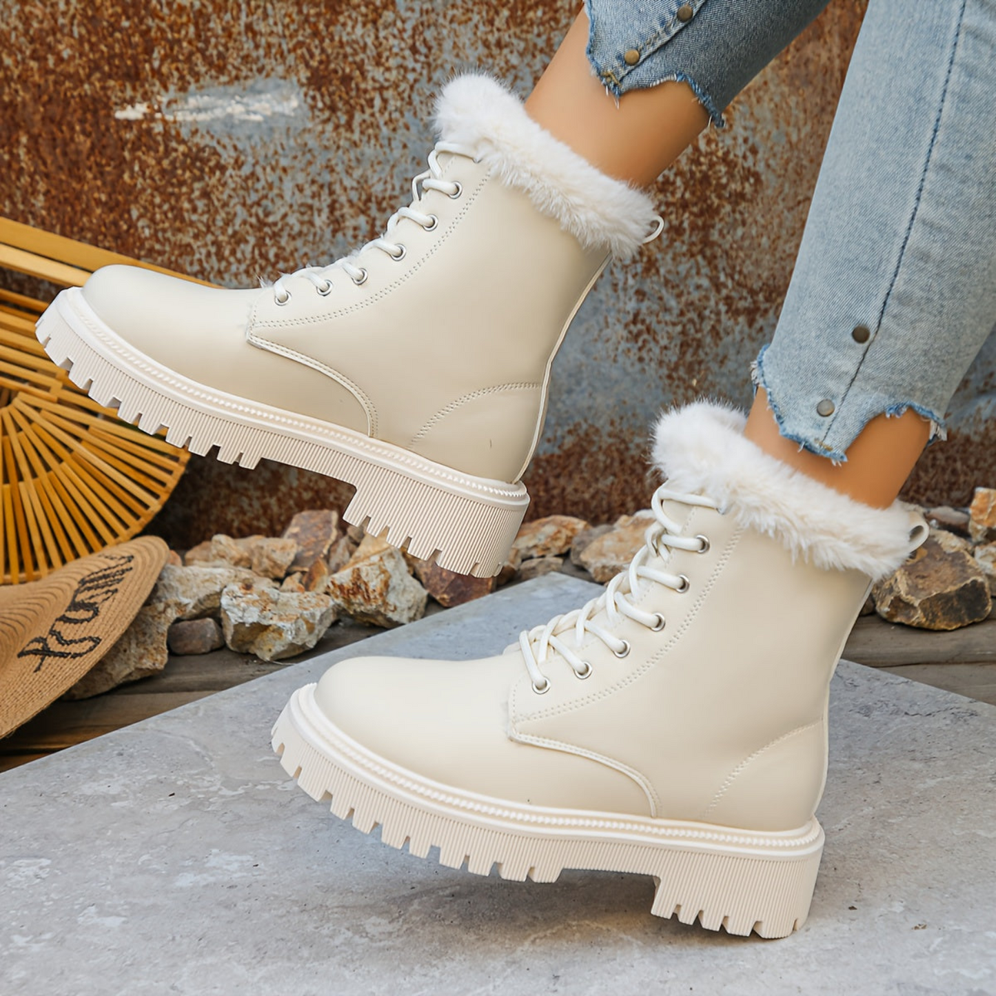 Damen Worker Boots mit Fellfutter & klobiger Sohle – Schnürstiefelette