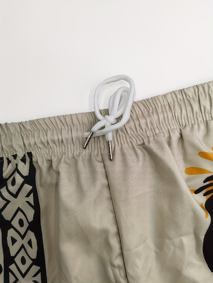 Herre fritidsshorts med etno-mønster og fløjtespiller-print – Trendy sommerbukser til ferie og strand