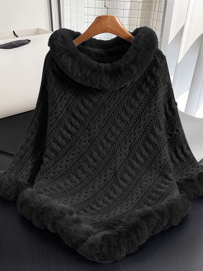 Strickponcho Damen mit Kunstfellbesatz Zopfmuster Kapuze