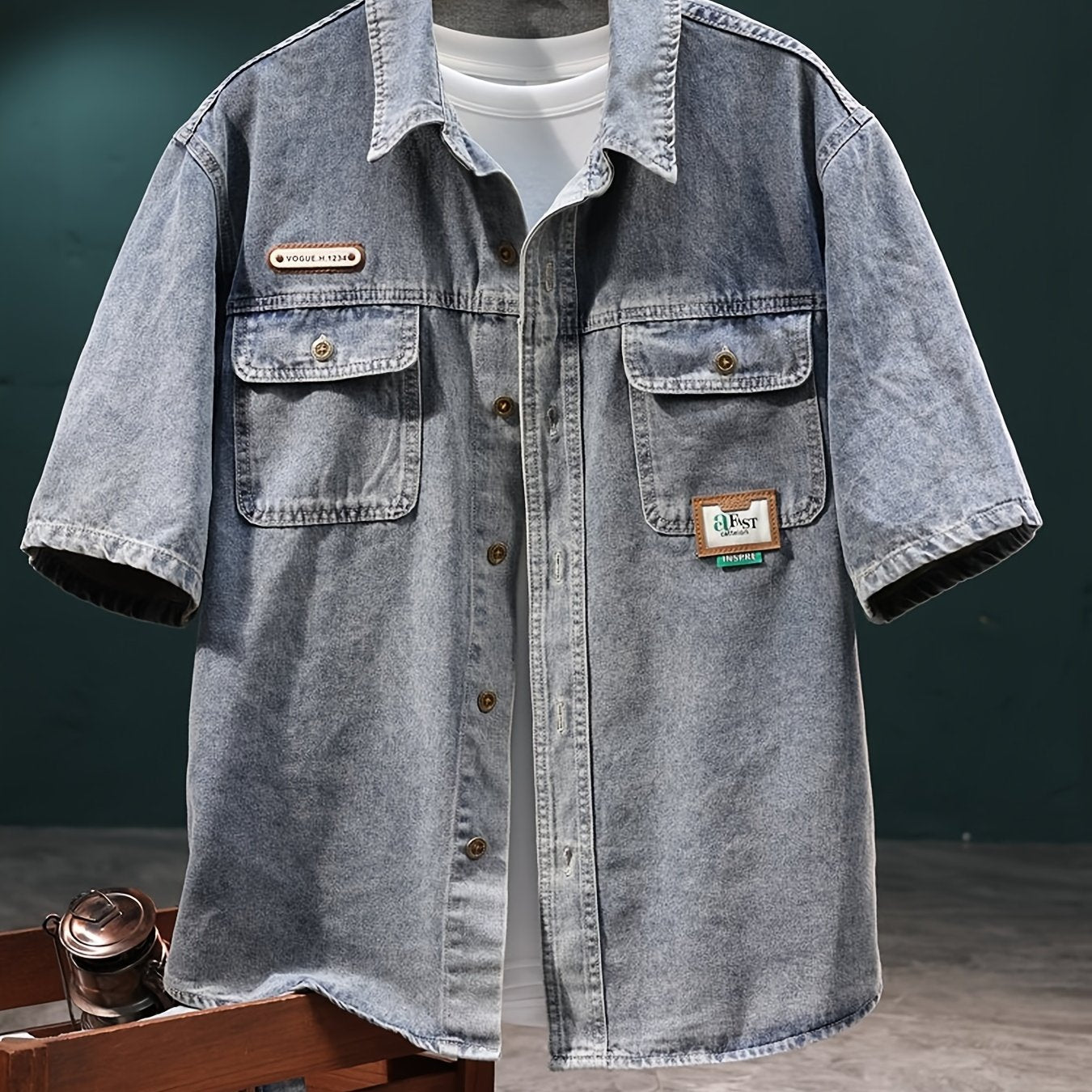 Herre Oversize Jeansskjorte Kortærmet – Fritids- og Urban Style Skjorte med Brystlommer