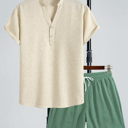 Herren Freizeit Zweiteiler Set Modern – Kurzarm Henley Shirt & Shorts für Sommer und Urlaub