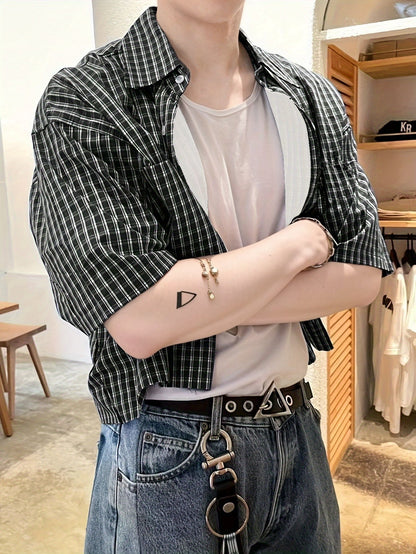 Herre kortermet oversized skjorte i rutete streetwear-stil – avslappet mote for fritid og hverdag