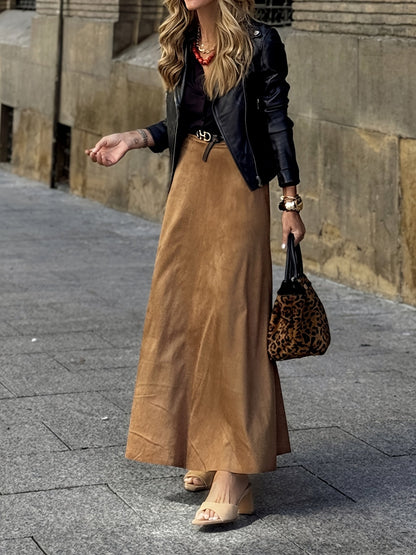 Langer Rock Damen Braun A-Linie Maxirock Hoher Bund