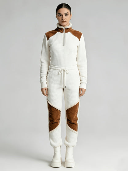 Gestepptes Damen Half-Zip Pullover Creme mit braunen Details
