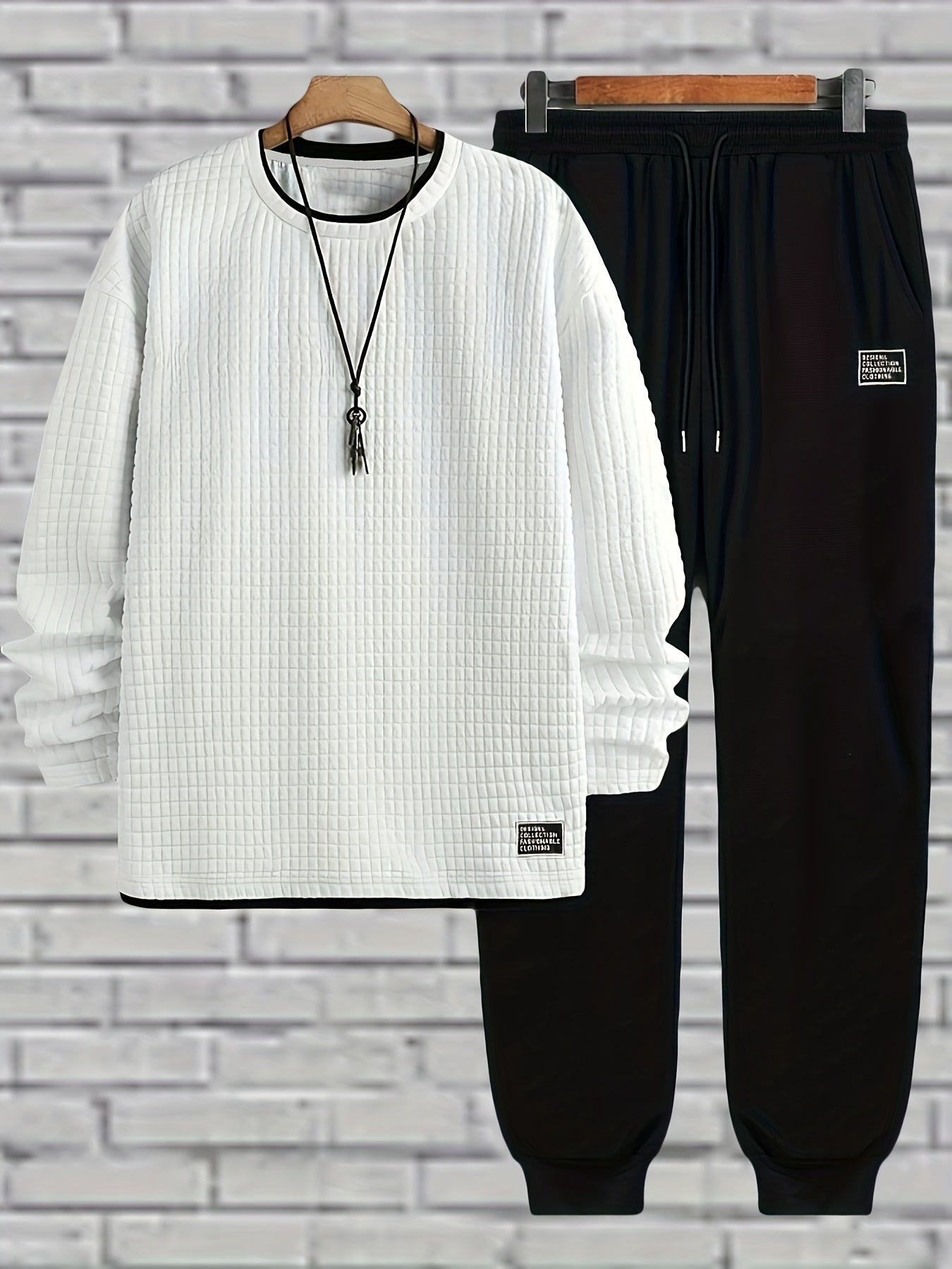 Herren Freizeitanzug Weiß Schwarz Langarm Shirt & Jogginghose Gesteppt