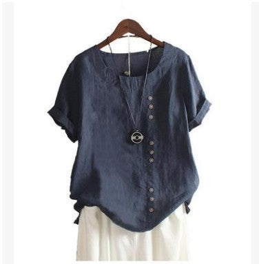 Dame Vintage sommerbluse, kortærmet med rund hals & knaplukning