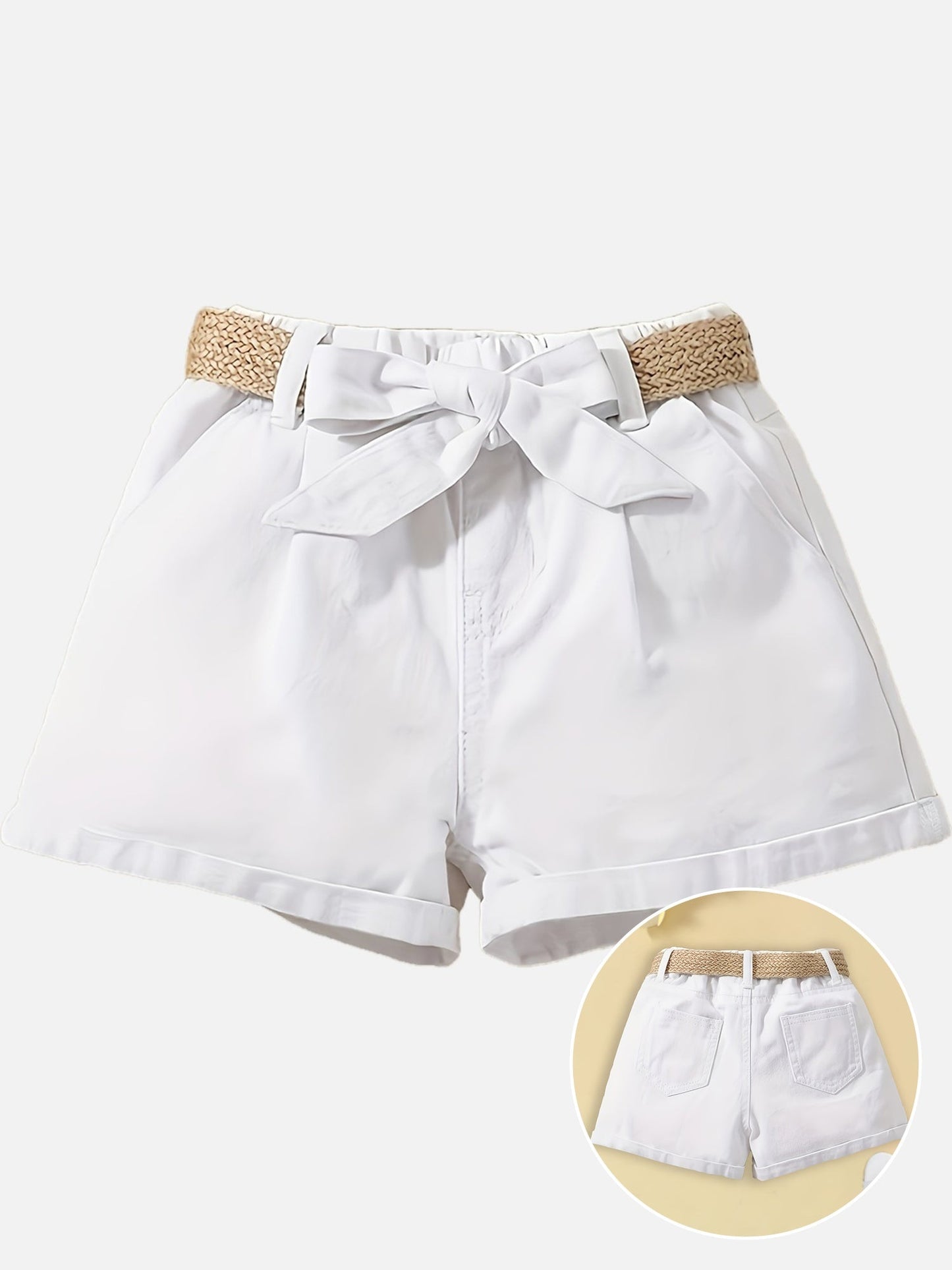Dame paperbag-shorts i high-waist-stil med sløjfe og flettet bælte – moderigtige til fritid og ferie