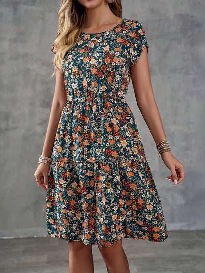 Damen Sommerkleid im Blumenmuster – Freizeit & Urlaub, Kurzarm, Knielang, A-Linie