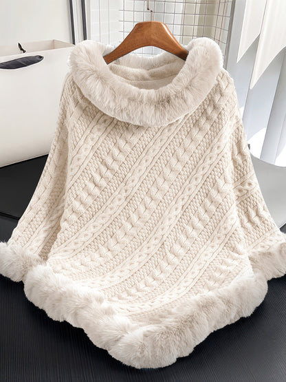 Strickponcho Damen mit Kunstfellbesatz Zopfmuster Kapuze