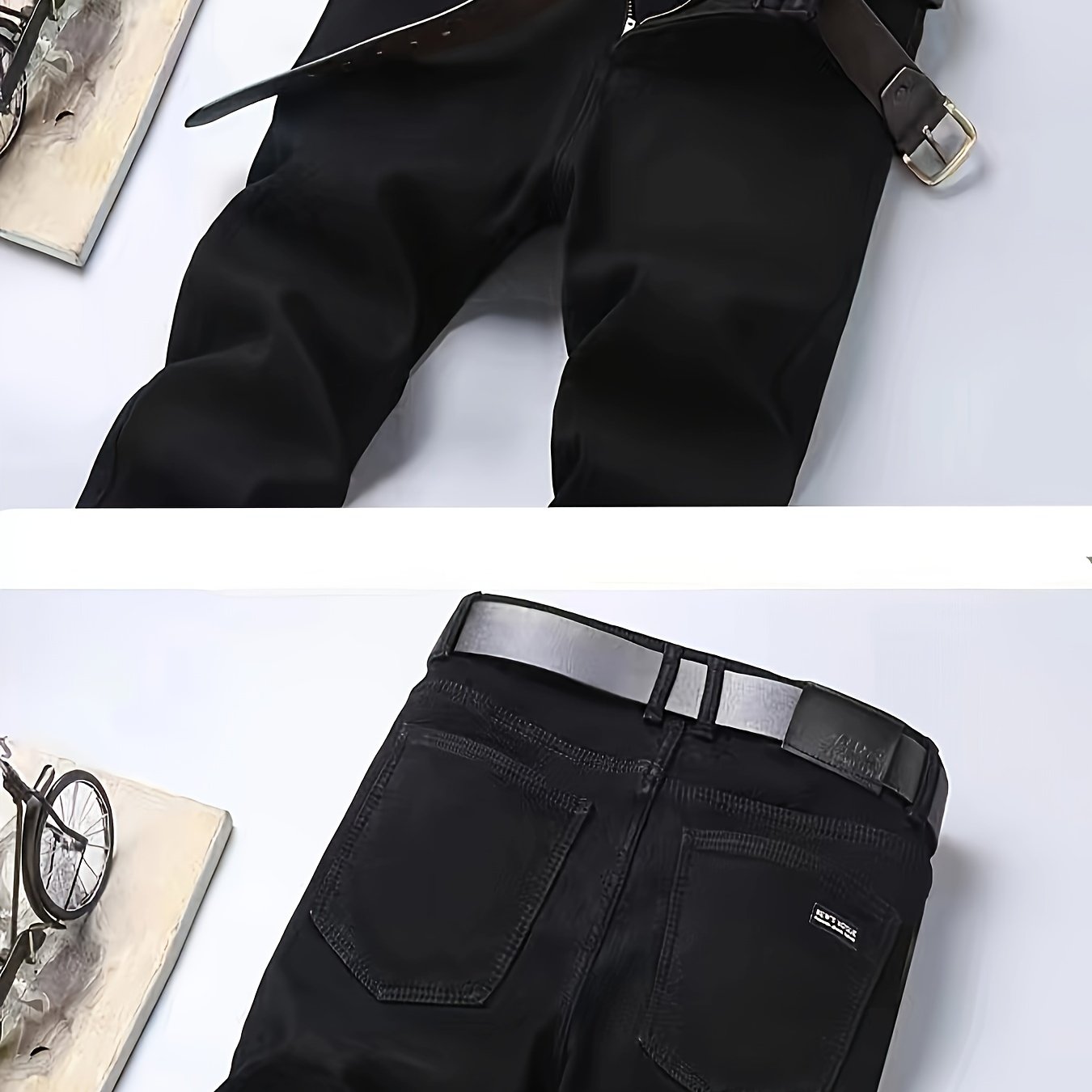 Herren Hose Schwarz Jeans-Stil Gürtelschlaufen Knopfleiste