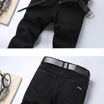Herren Hose Schwarz Jeans-Stil Gürtelschlaufen Knopfleiste