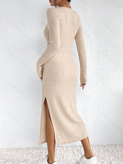 Abito midi da donna in maglia a coste, a maniche lunghe e aderente