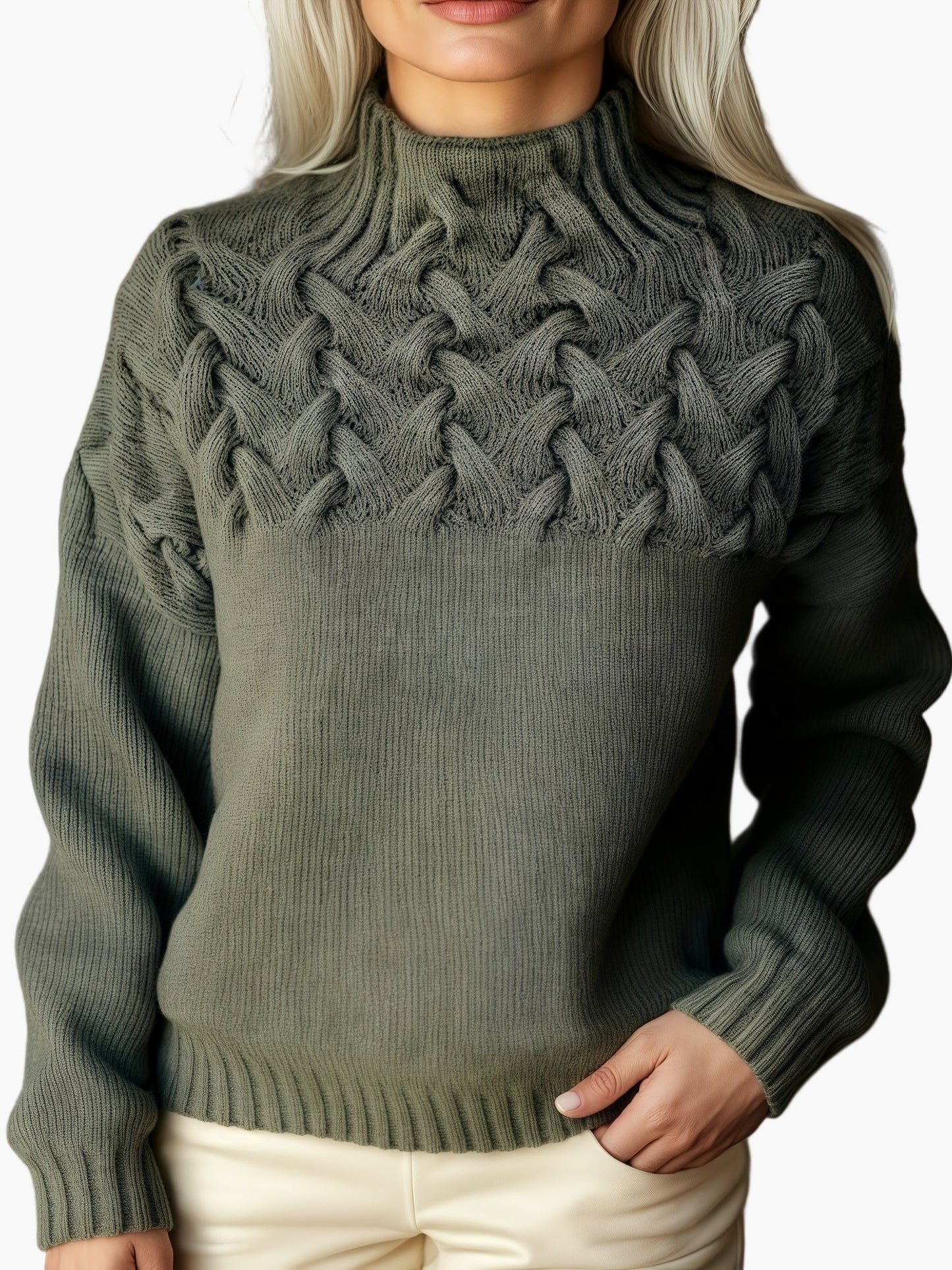 Damski sweter dzianinowy z warkoczowym wzorem i stójką na jesień i zimę – modny, wygodny sweter casualowy