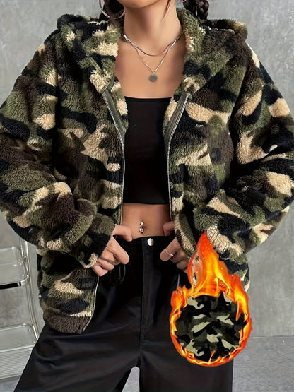 Teddy-Fleece Jacke mit Kapuze und Reißverschluss, Tarnmuster für Damen