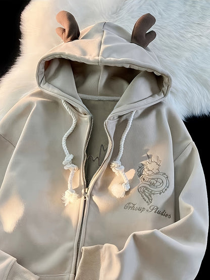 Uniseks hoodie met ritssluiting en capuchon, drakenborduursel en rendiergeweiën