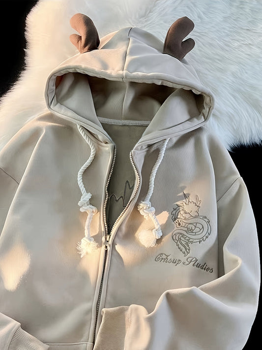 Uniseks hoodie met ritssluiting en capuchon, drakenborduursel en rendiergeweiën