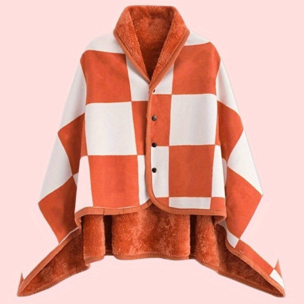 Women's Plaid Snap Button Fleece Lined Poncho Cape