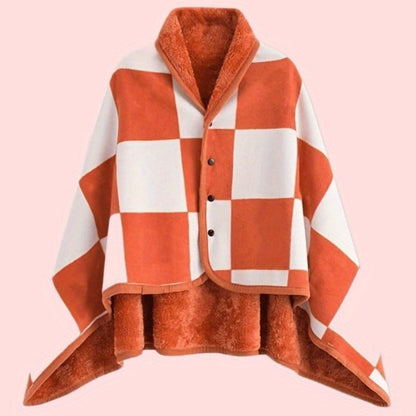 Women's Plaid Snap Button Fleece Lined Poncho Cape