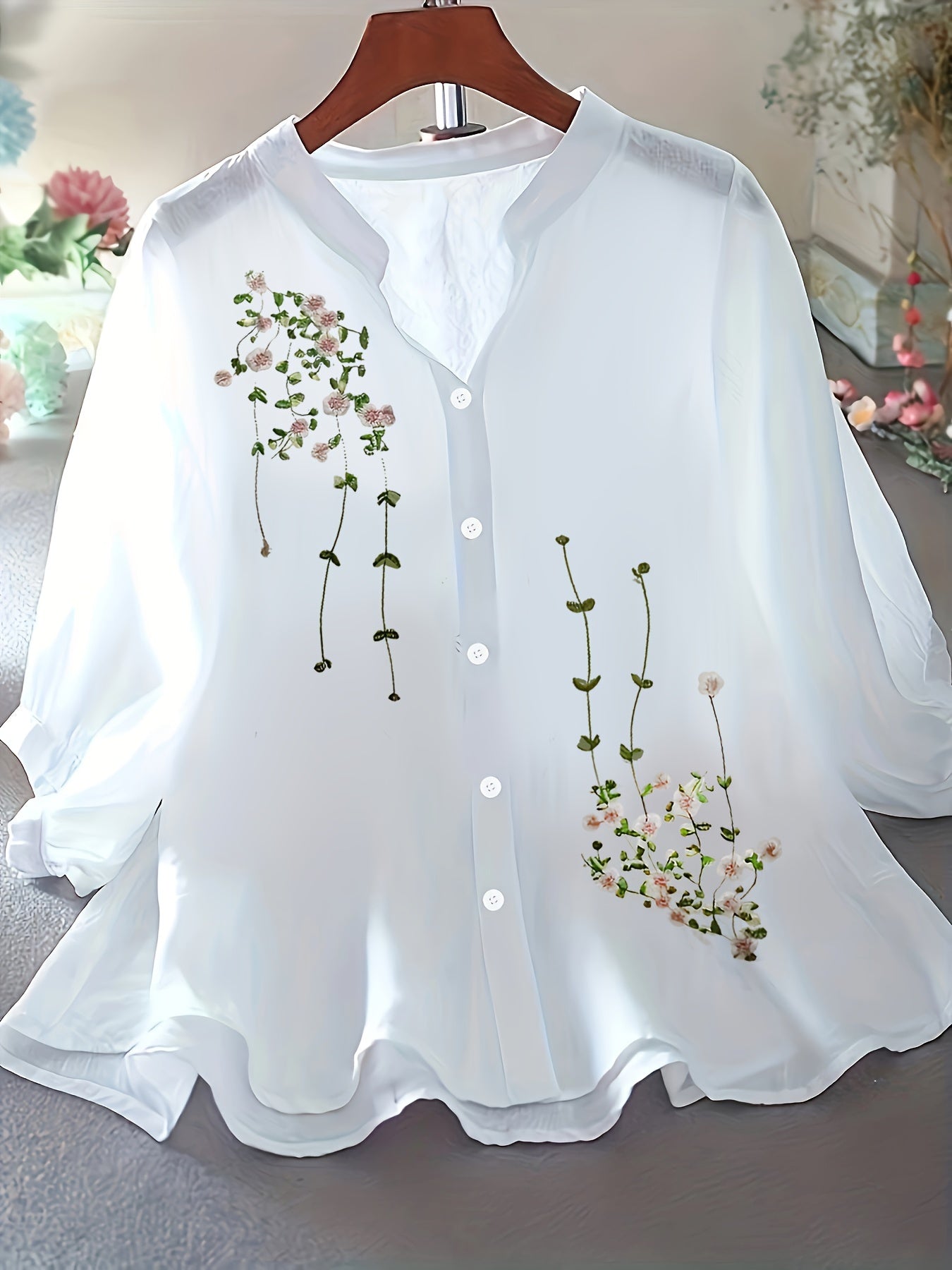 Blusa elegante da donna con ricamo e collo alla coreana – Camicia estiva casual