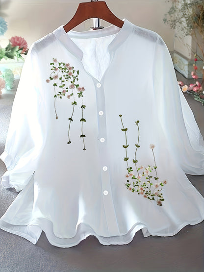 Blusa elegante da donna con ricamo e collo alla coreana – Camicia estiva casual