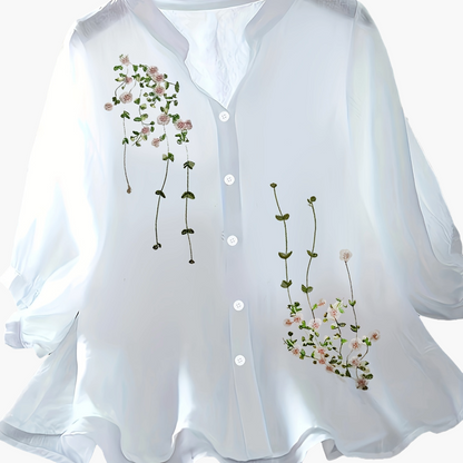 Blusa elegante da donna con ricamo e collo alla coreana – Camicia estiva casual