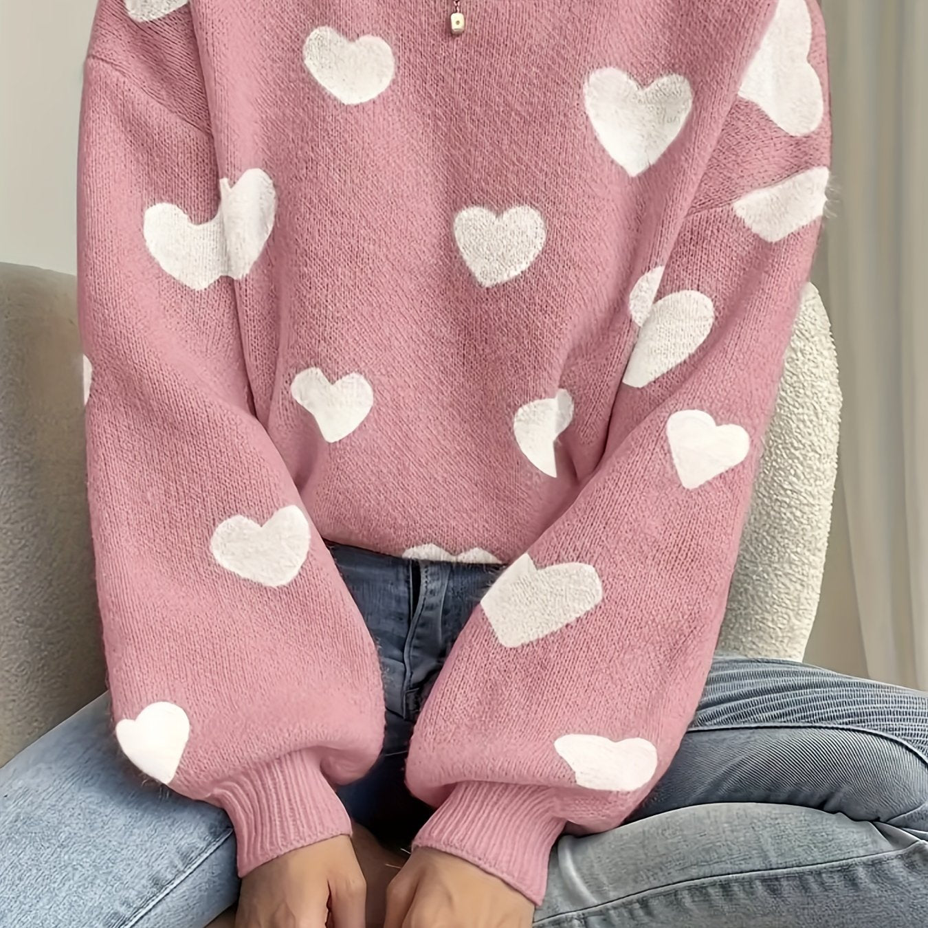 Maglione da donna lavorato a maglia, vestibilità morbida, motivo a cuore, girocollo, bianco e beige