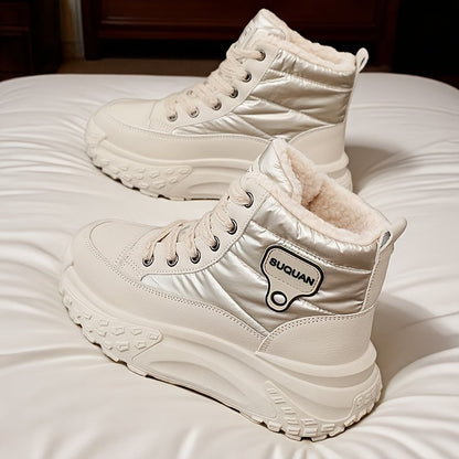Winterstiefeletten Damen Beige Gefüttert Plateau Sohle