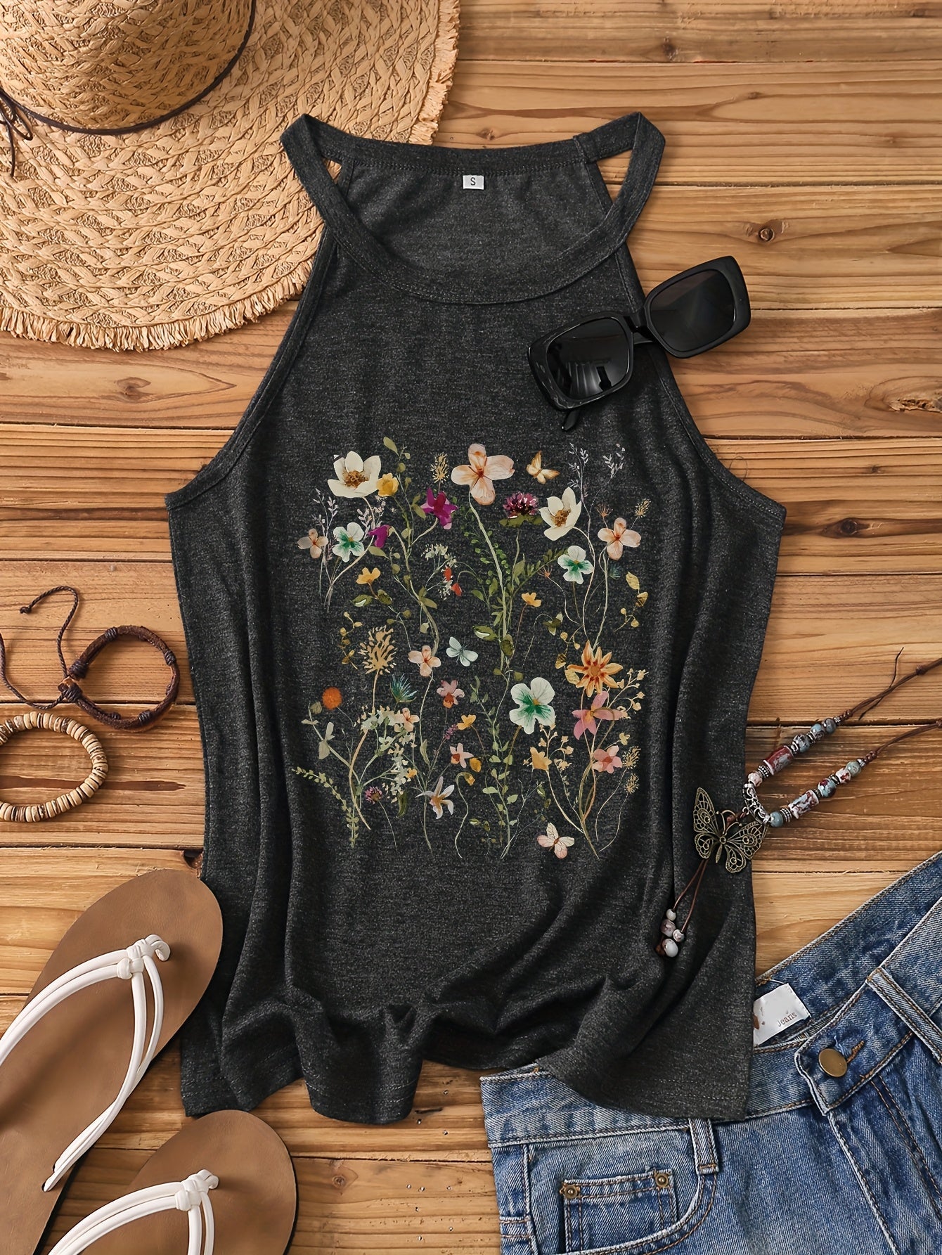 Débardeur femme à motif floral dans un style estival décontracté – Idéal pour les loisirs et les vacances