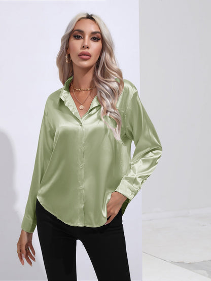 Damen Satinbluse im Cardigan-Stil – Elegante Bluse für Büro, Alltag & Feste