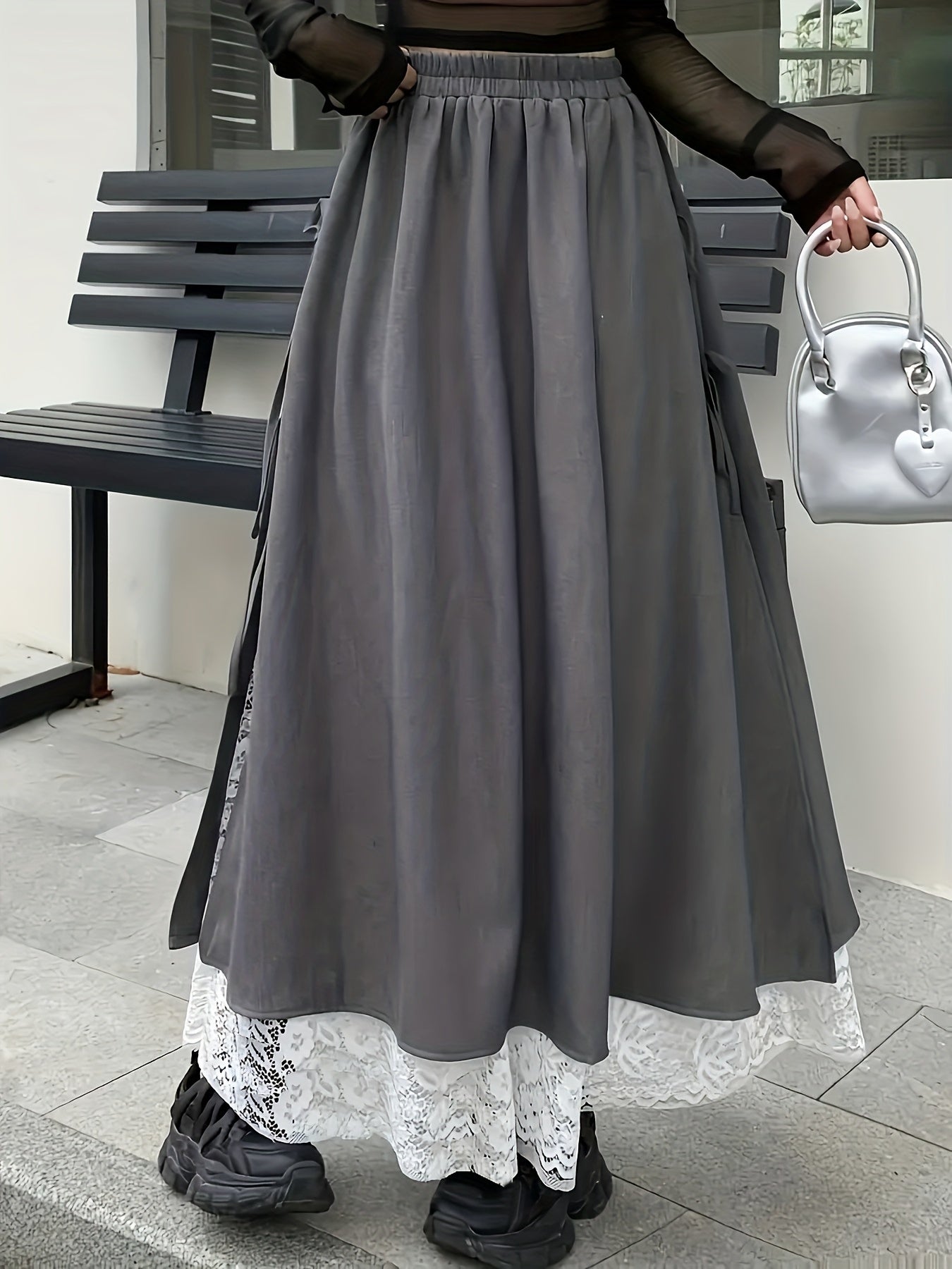 Damen Maxirock Grau mit Spitzenbesatz und Bindedetails
