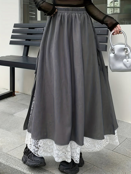 Damen Maxirock Grau mit Spitzenbesatz und Bindedetails