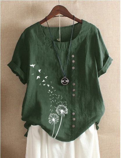 Dame Vintage sommerbluse, kortærmet med rund hals & knaplukning