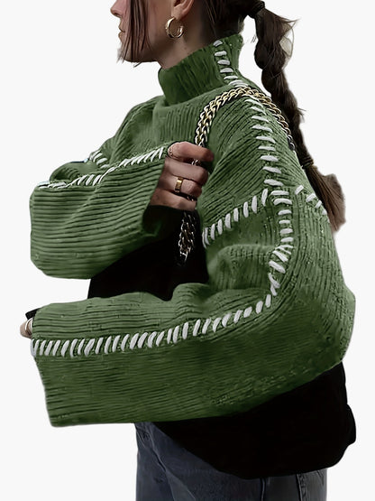 Pull oversize pour femme en maille avec surpiqûres et col montant – Pull tendance automne/hiver pour des tenues stylées