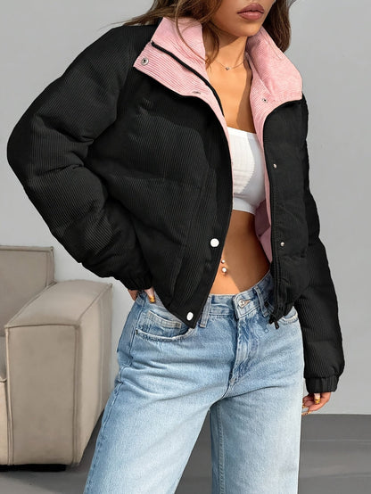 Cord Steppjacke Beige mit Rosa Kragen Damen Kurz