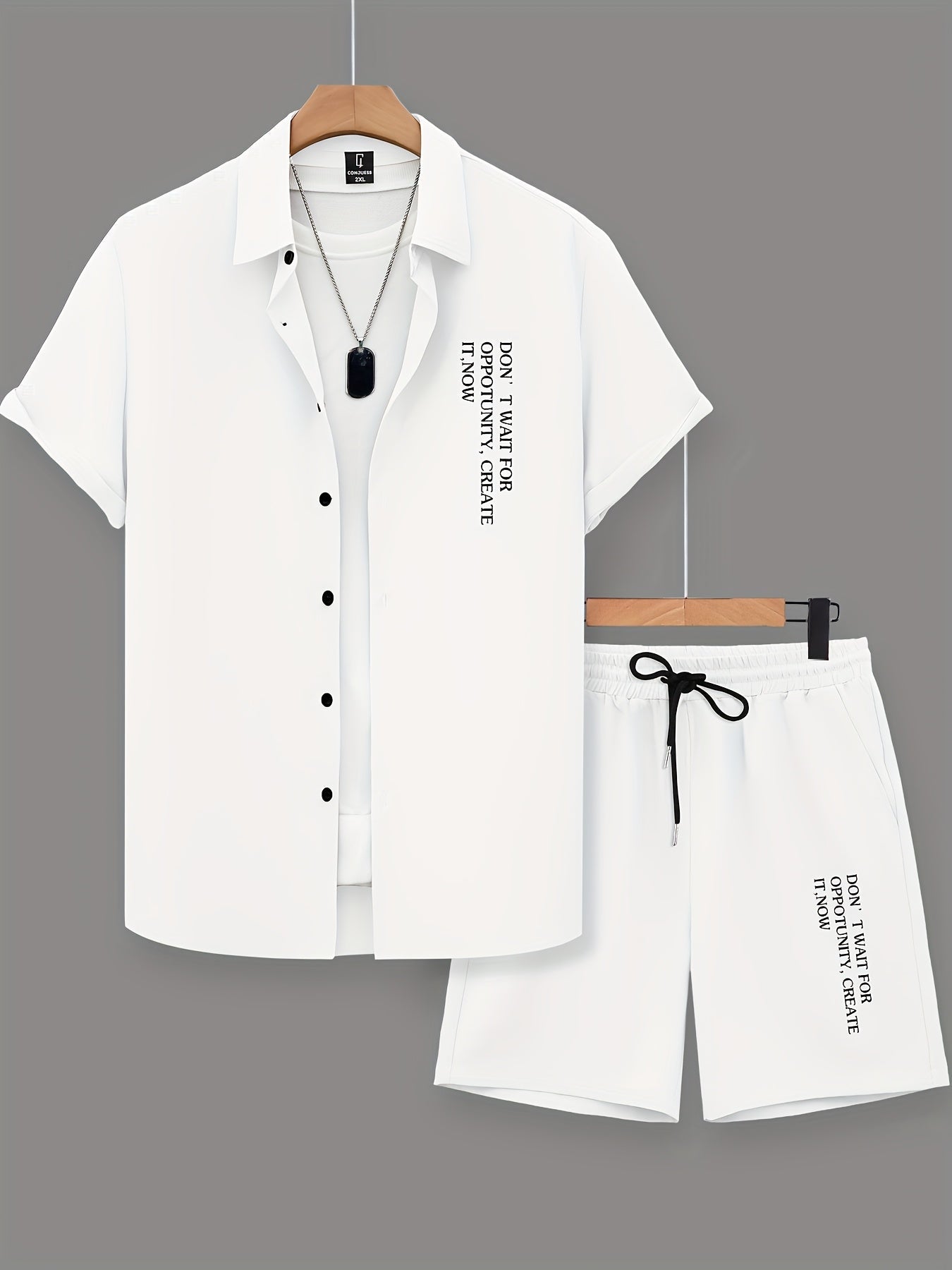 Set estivo casual uomo con stampa statement – Camicia a maniche corte & pantaloncini, streetwear urbano, outfit da tempo libero