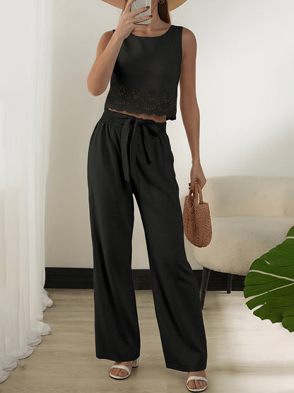 Damski elegancki zestaw dwuczęściowy z crop topem i szerokimi spodniami na wiosnę i lato